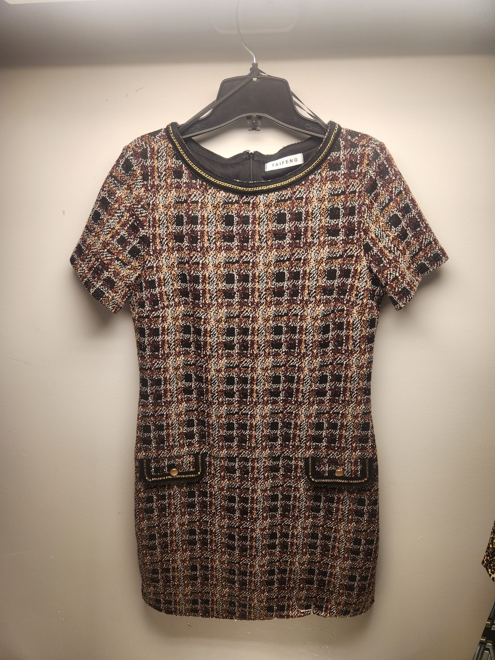Multicolor Tweed Shift Dress - Black & Brown Plaid